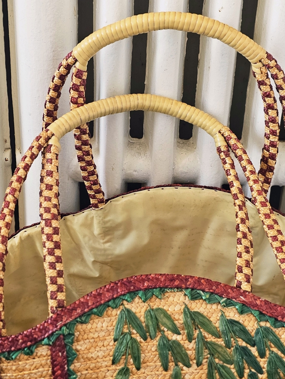Vintage 1970s Embroidered Straw Tote Bag Beach Bag Bird & Willow Tree - Picture 4 of 14